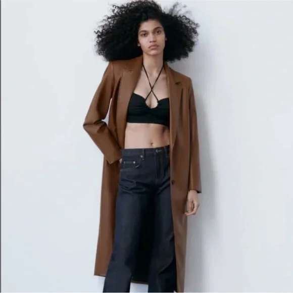 Zara Faux Leather Longline Duster Blazer Top Coat Jacket Cognac Brown Medium - Picture 3 of 11